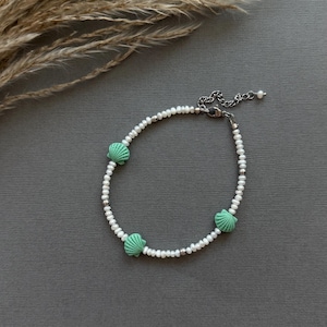 Freshwater Pearl Anklet with Green Shell Beads | Summer Beach Jewelry | Dainty Foot Bracelet | Gift for Her