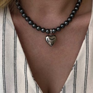 Hematite Beaded Necklace: Stainless Steel Heart Pendant, Dark Chrome Finish