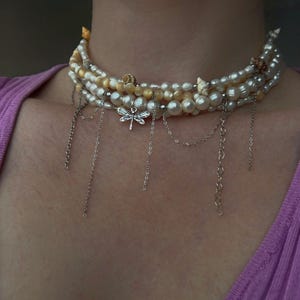 Statement Pearl Shell Necklace – Freshwater Pearls, Mother-of-Pearl, Seashells, Stainless Steel Chains, Layered Choker with Dragonfly, 14&quot;+2
