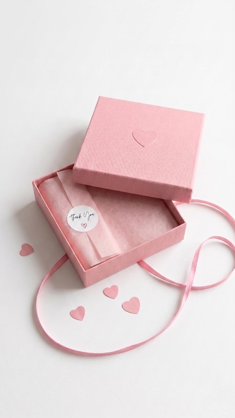 Op de afbeelding: Een vierkante roze geschenkdoos met een textuurafwerking en een klein reli&euml;fhart op het deksel. De open doos bevat lichtroze vloeipapier dat is vastgezet met een ronde sticker met de tekst Thank You en een hartje. Roze lint en papieren hartjes.