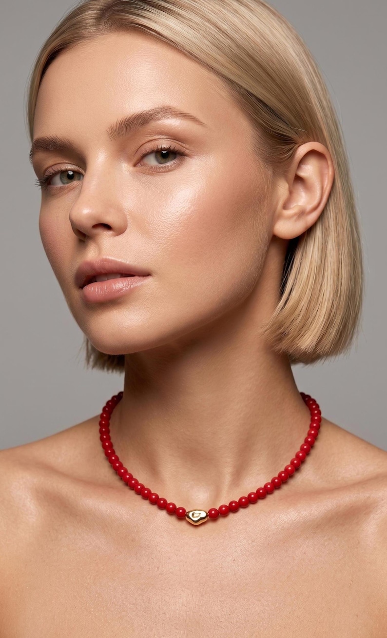 Chokers Subtle Red Coral Choker Gold Bead Handmade Short Necklace Minimalist Jewelry ...