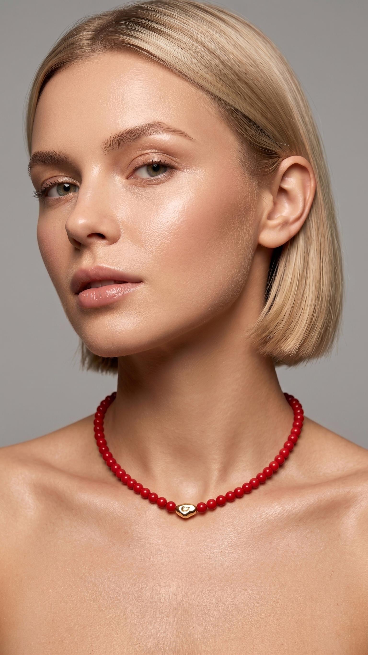 Red Coral Choker Gold Bead Handmade Short Necklace Minimalist