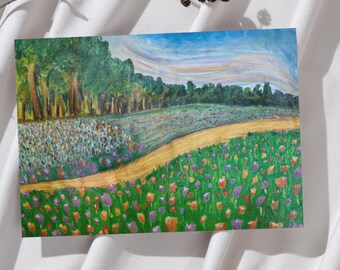 Tulip Flower Field Art Print – Oil Pastel – Wall Art – Room Decor – Multiple Sizes – Original Artwork by CJ's Studio