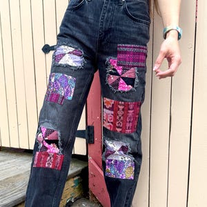 Vaqueros acolchados con retazos, de mezclilla, reciclados y sostenibles, talla pequeña.