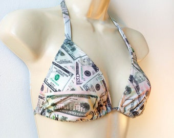 Money Print Bikini Top // Swimsuit Swimwear Cash Money String Triangle Bikini Top Dollar Bills