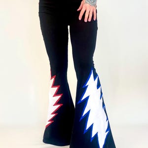 Lightning Bolt Bellbottom Flare Pants in BLACK With Red And Blue Outline