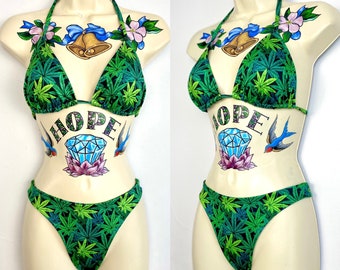 Cannabis Bikini Swimsuit Weed Pot Leaf Print Thong Bikini 420 Swimwear