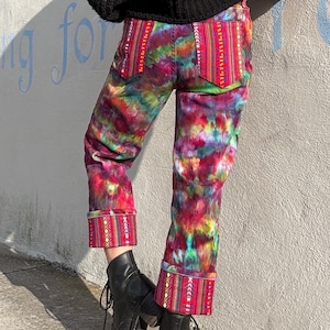 Tie Dye Patchwork Jeans Rainbow Patched Pants Psychedelic Neon Textile Upcycled Sustainable SIZE 27