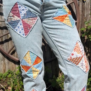 Patchwork Quilted Jeans Acid Wash Denim 80s Reworked Upcycled Sustainable