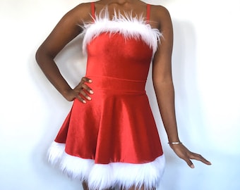 Santa Mini Skater Skirt Christmas Mrs Santa Claus Costume Red Velvet With Fur Trim Mean Girls Jingle Bell Rock