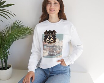 Sweat-shirt ras du cou au look rétro vintage Route 66, parfait pour les amateurs de road trip, cadeau pour les amateurs de voyage, confort décontracté, vêtement unisexe