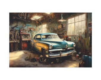 Vintage Car Canvas Print, Ford Chevy Barn Find, Automotive Garage Art