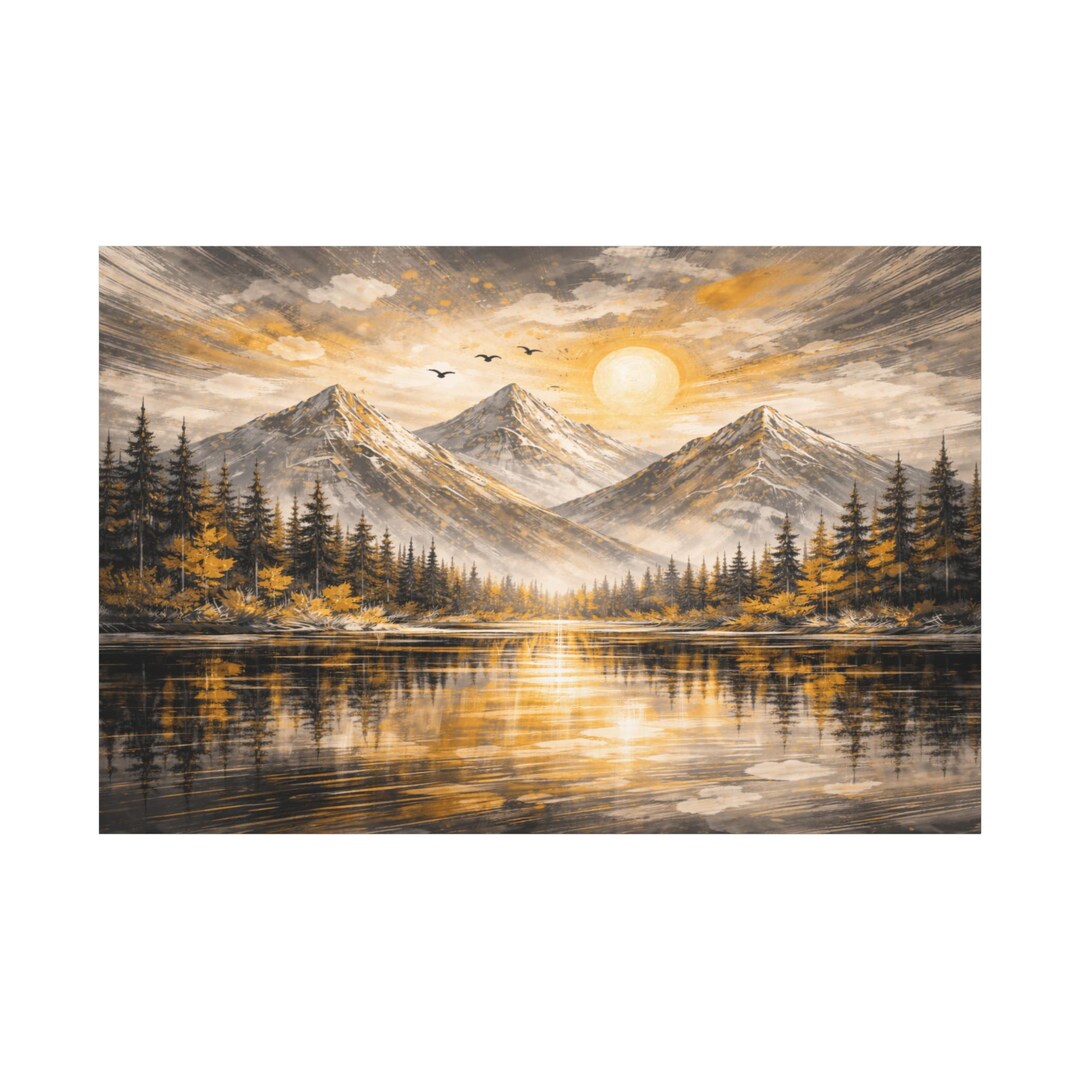 Golden Mountain Lake Sunrise Landscape Artwork on Matte Canvas - Etsy