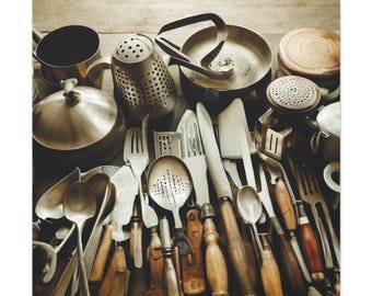 Rustic Kitchen Decor Utensils Canvas Gallery Wraps - Vintage Cooking Utensil Art, Chef Gift, Home Kitchen Wall Art, Culinary Decor