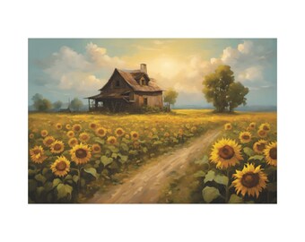 Sunflower Field Canvas Print, Rustic Farmhouse Wall Art