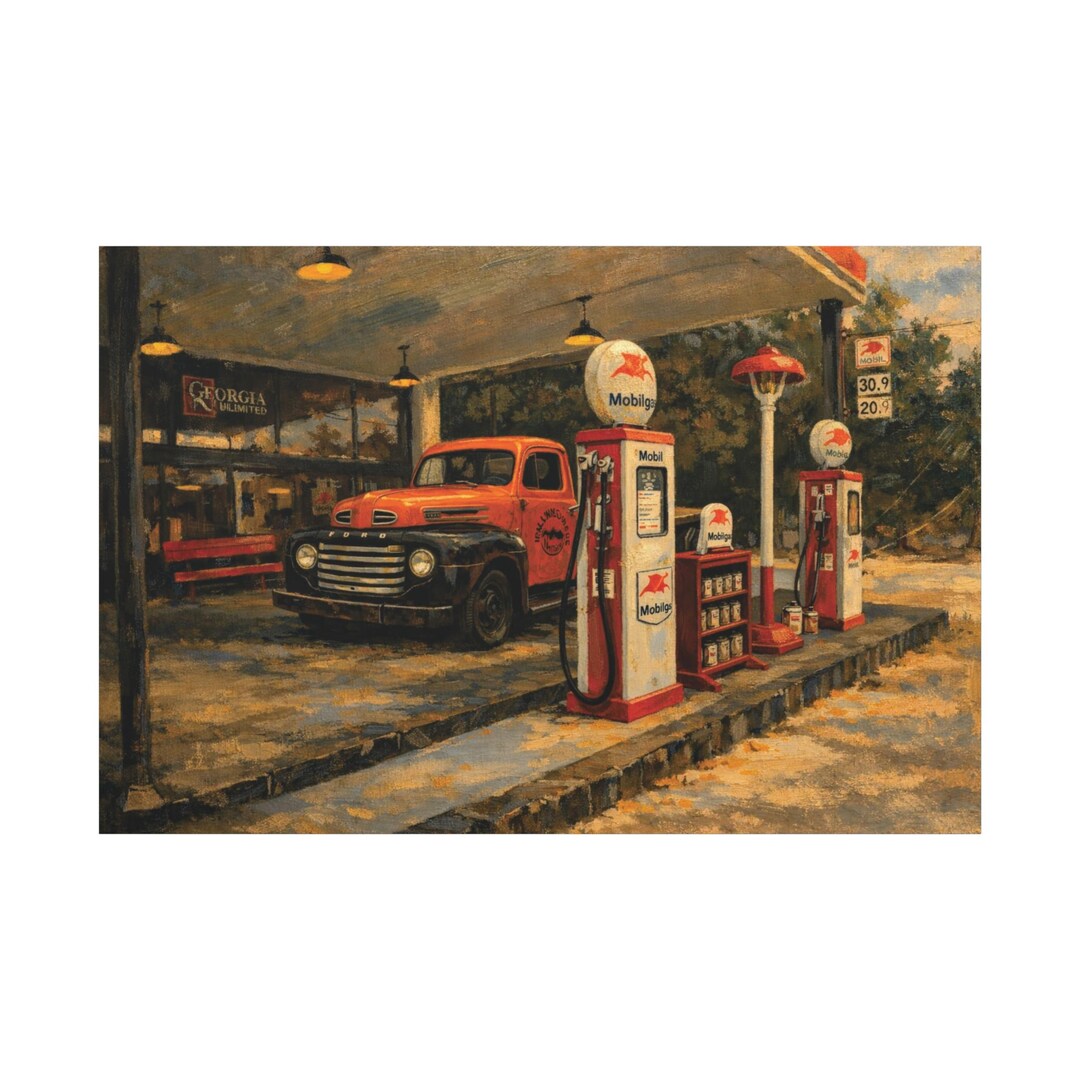 Vintage Gas Station Canvas | Retro Ford Pickup Truck Oil Pump Wall Art ...