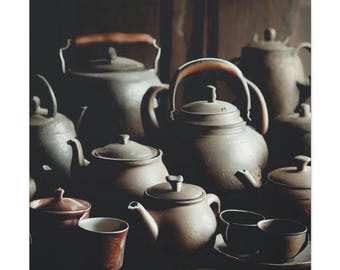 Rustic Teapots Canvas Print – Vintage Kitchen Bohemian Wall Art