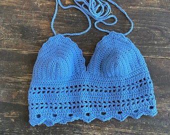 Handmade Crochet crop top - Boho top - size S/M - Denim Blue - Ready to ship