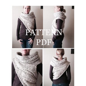 May include: A knitting pattern for a cowl or scarf. The pattern is available as a PDF download. The image shows a woman wearing the finished cowl, which is a light gray color with a textured knit.
