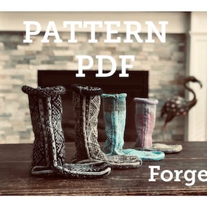 May include: Four pairs of knitted socks in different colors, including black, gray, blue, and pink, with a white background and the text "PATTERN PDF Forge" on the bottom right.