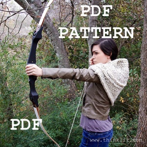May include: A woman in a brown leather jacket and jeans holds a bow and arrow. She is wearing a white knitted hooded scarf. The text "PDF PATTERN" and "PDF" are visible in the image.