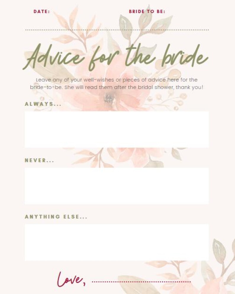 Advice for the Bride Bridal Shower Information Card Etsy