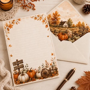 May include: A piece of lined stationery and a matching envelope featuring an autumn theme with orange pumpkins, fall foliage, and a wooden sign that reads PUMPKIN PATCH. The stationery is accompanied by a dark brown pen and two small acorns.