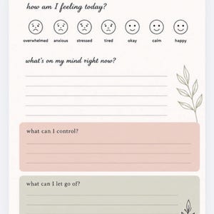 May include: A cream-colored journal page with prompts for self-reflection. The top section asks "how am I feeling today?" with corresponding emoji faces. Below are prompts "what's on my mind right now?", "what can I control?", and "what can I let go of?"