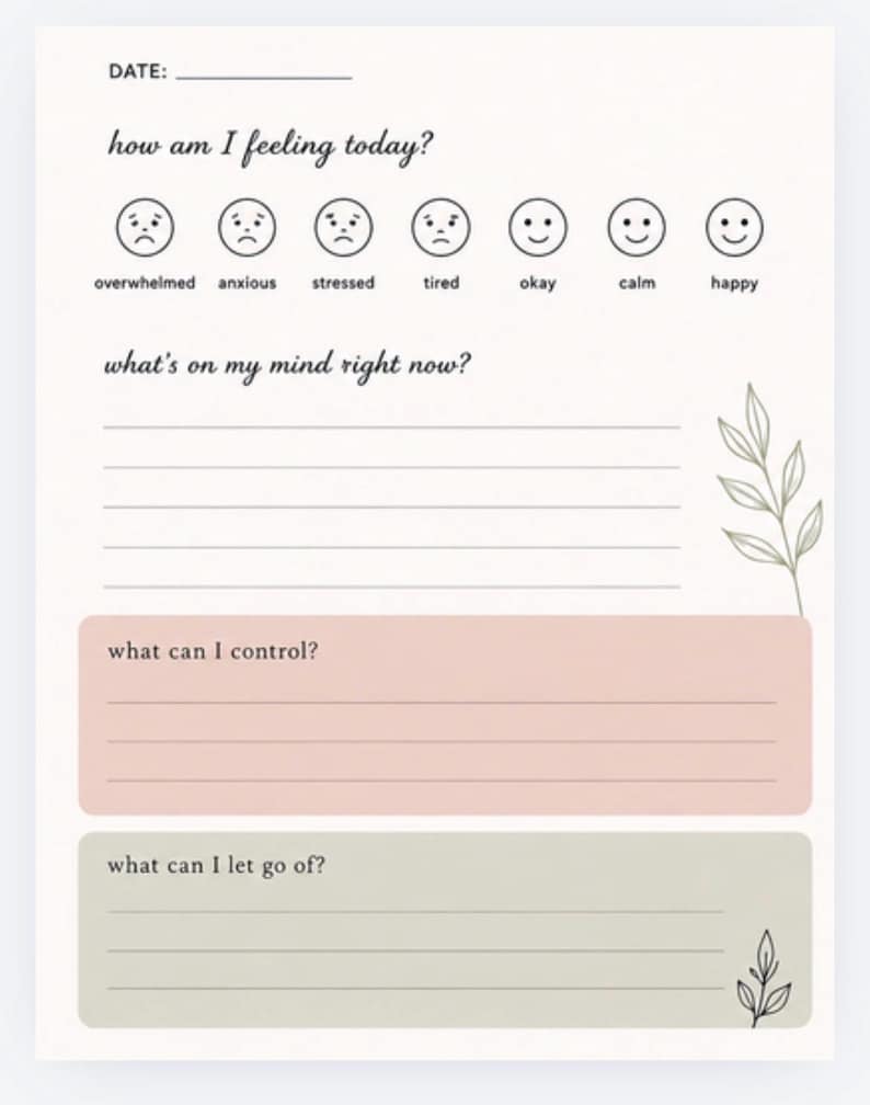 May include: A cream-colored journal page with prompts for self-reflection. The top section asks "how am I feeling today?" with corresponding emoji faces. Below are prompts "what's on my mind right now?", "what can I control?", and "what can I let go of?"