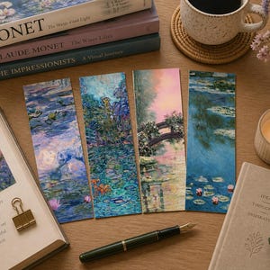 May include: A collection of Monet-themed bookmarks featuring water lily paintings, alongside books about Monet, a cup of coffee, a lit candle, and a fountain pen. The scene is arranged on a wooden surface, evoking a sense of artistic inspiration.