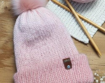 Handmade Pink Knitted Beanie with Removable Faux Fur Pom Pom, Winter Hat for Women, Soft Double Layer Toque, Dragonfly Leather Tag Gift