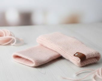 Handmade Fingerless Gloves in Cool Coral – Fuzzy Knit Arm Warmers with Dragonfly Leather Detail – Soft Winter Mittens – Gift for Her