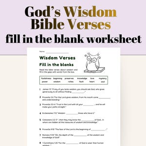 Könnte beinhalten: Ein Arbeitsblatt mit dem Titel "God's Wisdom Bible Verses" mit Lückentextfragen über Weisheit aus der Bibel. Das Arbeitsblatt enthält eine Wortliste und eine Strichzeichnung einer Eule.