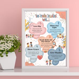 May include: A framed wall art print titled In This Class We... featuring five numbered pastel-colored cloud shapes with inspirational text and small cartoon illustrations of children, plants, and objects on a white background with confetti.
