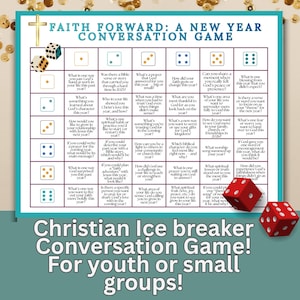 May include: A teal and white conversation game board titled "Faith Forward: A New Year Conversation Game." The game includes dice and questions. The text at the bottom reads "Christian Ice breaker Conversation Game! For youth or small groups!"