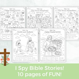May include: A set of black and white activity sheets labelled "Bible I Spy", depicting scenes from the Bible, including Jesus feeding 5,000 and David and Goliath. Each page has prompts to find and count objects. The text "I Spy Bible Stories! 10 pages of FUN!" is also visible.