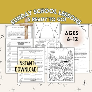 Puede incluir: Una colección de hojas de actividades imprimibles para la escuela dominical para niños de 6 a 12 años, con ilustraciones en blanco y negro de hormigas, laberintos y versículos. El texto incluye "SUNDAY SCHOOL LESSONS 5 READY TO GO!", "AGES 6-12" e "INSTANT DOWNLOAD!" con una cruz de madera.