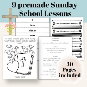 May include: A set of Sunday School lesson materials, featuring the text "9 premade Sunday School Lessons." The image shows a wooden cross, floral decorations, and pages with text and illustrations. The text includes "30 Pages included."