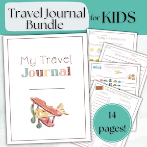 Diario de viaje para niños que visitan Europa, Asia, Sudamérica y África. Diario de viaje con itinerario, lista de equipaje, páginas de viaje y dibujos.