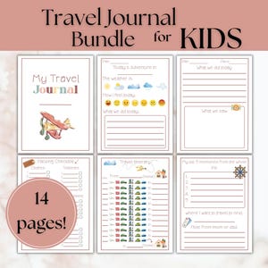 Diario de viaje para niños, planificador de vacaciones, itinerario digital para viajes por carretera, tamaño A5 y carta de EE. UU., imprimible en PDF.