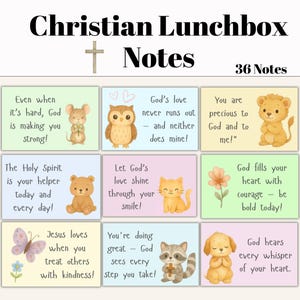 May include: A collection of 36 Christian Lunchbox Notes, each with a positive message and an adorable animal illustration. The notes offer words of encouragement and are designed to bring joy.