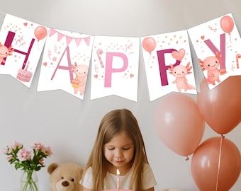 Axolotl Happy Birthday Banner for little girls axolotl birthday party digital download pdf axolotl party decor pink axolotl birthday party
