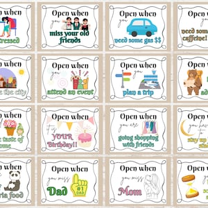 Può includere: Una collezione di sedici carte quadrate con bordi neri, ognuna con la frase "Open when you..." seguita da un invito. Ogni carta presenta un'illustrazione e un testo diversi, come un'auto, una tazza di caffè o un panda.
