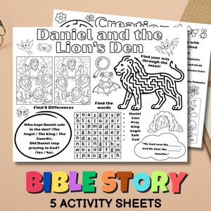 Pode incluir: Folhas de atividades a preto e branco com o título "Daniel e a Cova dos Leões". As folhas incluem um labirinto, uma pesquisa de palavras e outras atividades. As palavras "Bible Story" e "5 Activity Sheets" também são visíveis.