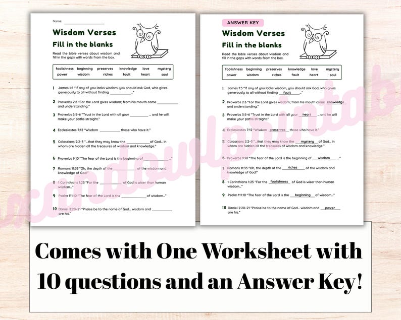 Wisdom Bible Verse Fill in the Blank Worksheet With Answer Key | Wisdom ...