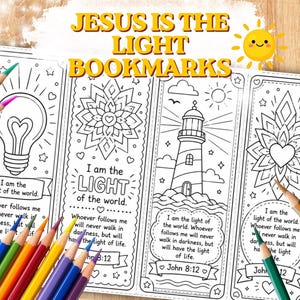 May include: Four rectangular paper bookmarks with black and white line art designs featuring lightbulbs, mandalas, and lighthouses. Each bookmark includes the text 'I am the light of the world' and 'John 8:12'. Colored pencils are arranged in the foreground.