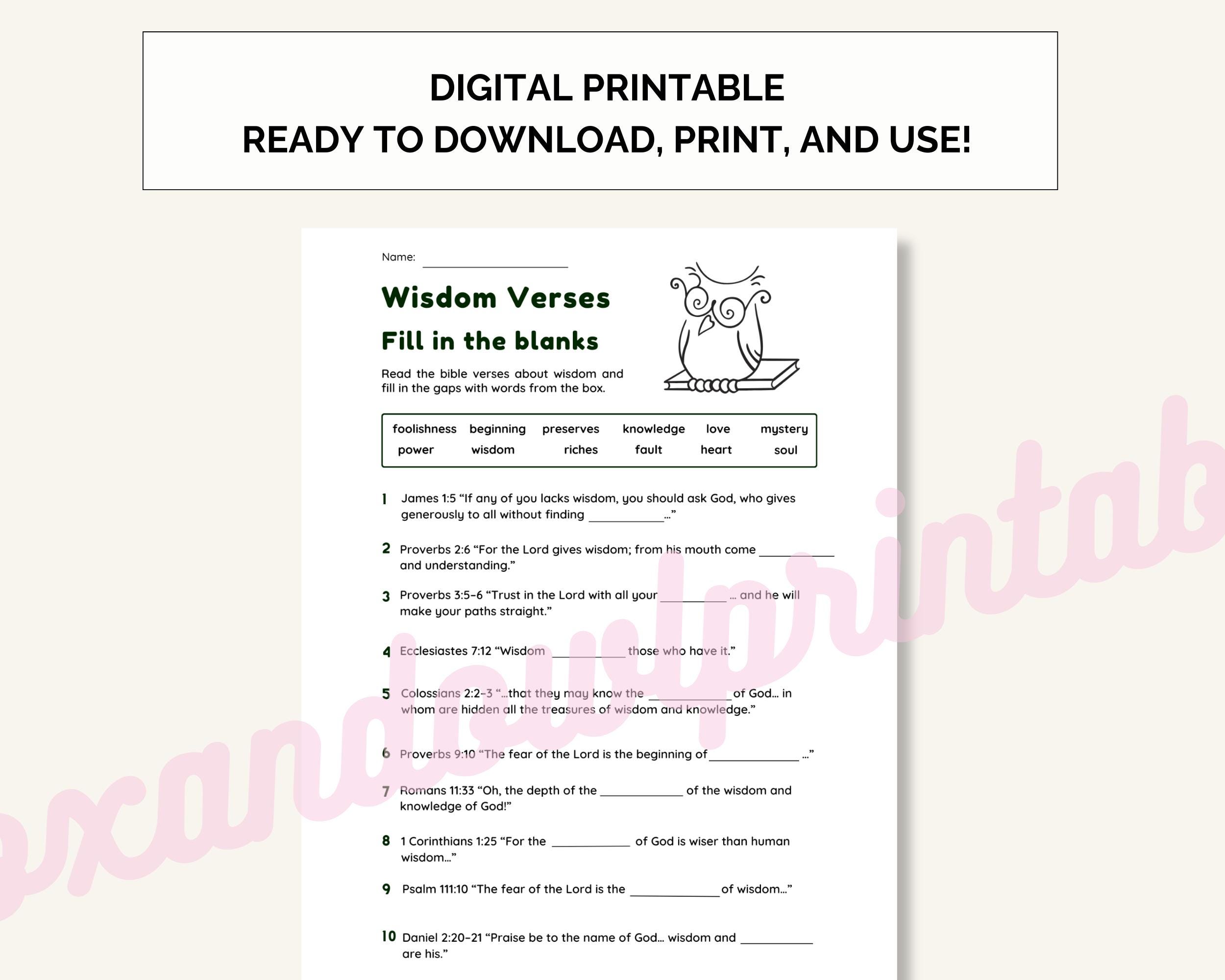 Wisdom Bible Verse Fill in the Blank Worksheet With Answer Key | Wisdom ...