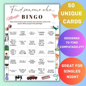 Puede incluir: Una tarjeta de bingo imprimible con el título "Encuentra a alguien que... Mingle Bingo". La tarjeta tiene 25 casillas con diferentes indicaciones como "Ama a los gatos", "Ha estado en Europa", "Puede hacer una voltereta", y "Ama los espectáculos de Broadway".