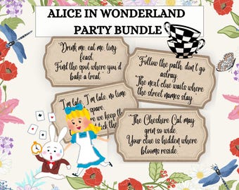 Alice in Wonderland Party decor and activity treasure hunt eat me drink me food tags wonderland tea party activity party treasure hunt