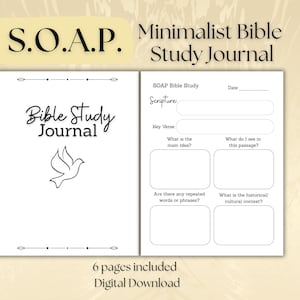 May include: A minimalist Bible study journal with a dove illustration on the cover. The journal includes prompts for SOAP Bible study, with sections for scripture, key verse, main idea, and more. The text "S.O.A.P." is at the top.